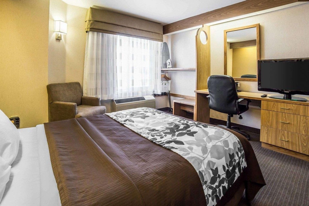 A hotel room with a bed, a desk, a chair, a television, and a window with curtains.