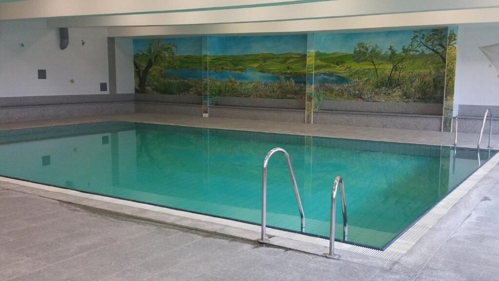 Una piscina interior con agua cristalina, una escalera de metal y un mural de un paisaje en la pared.