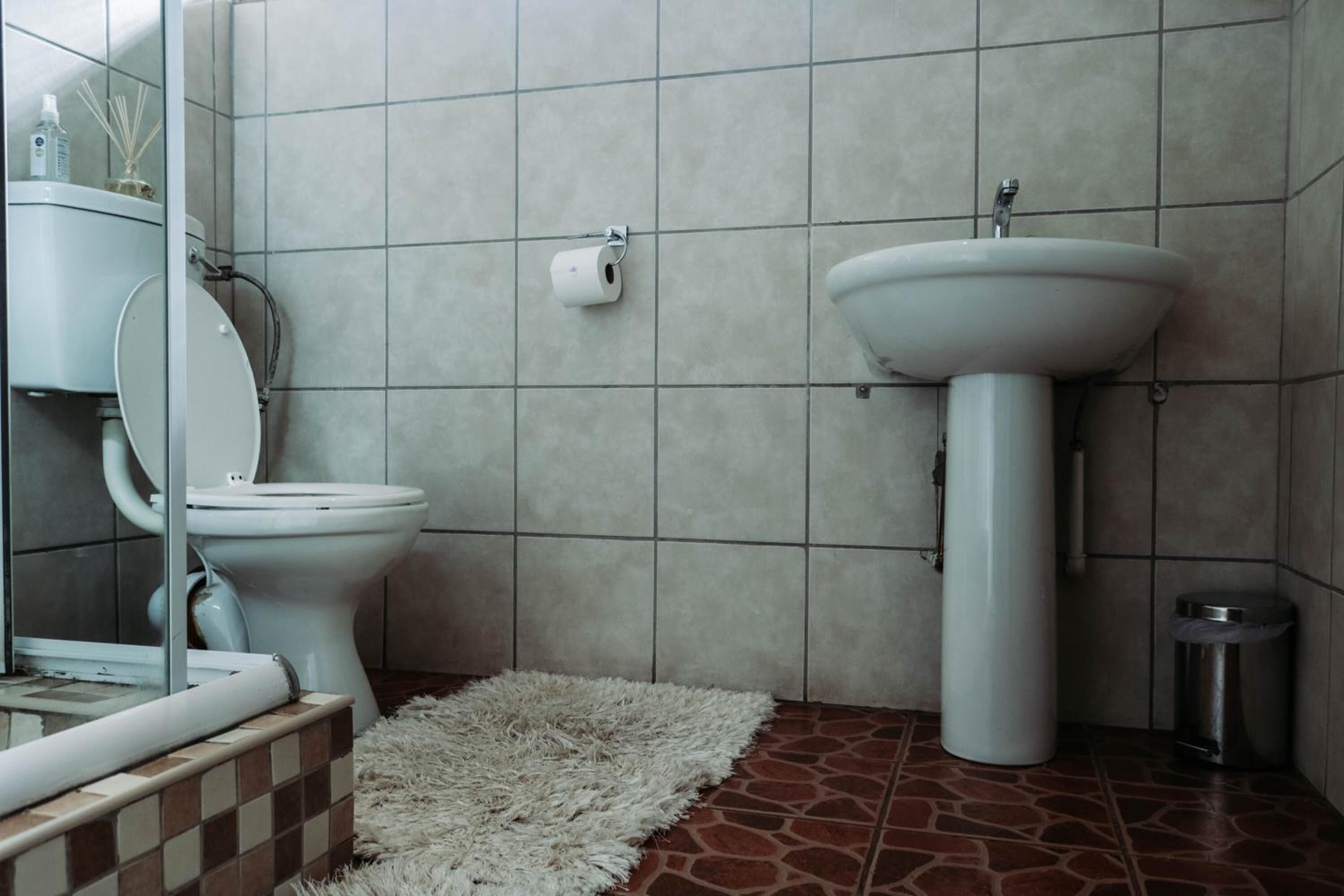 Ein Badezimmer mit Toilette, Waschbecken und Spiegel.