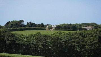 A rural landscape with rolling hills, a field of crops, and two houses nestled among trees.