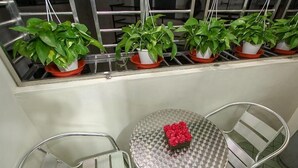 A balcony with potted plants, a round table with a red flower centerpiece, and two metal chairs. - Meiden (Wujie)