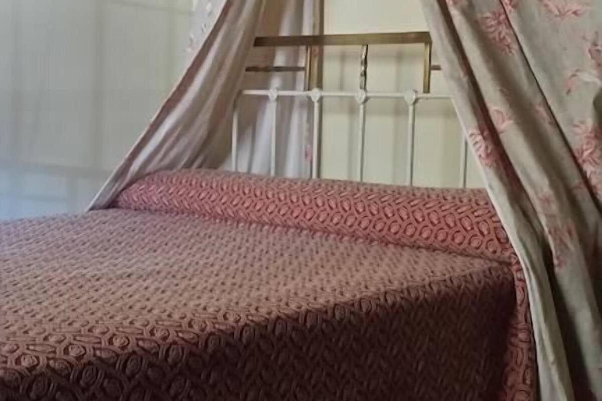 A bed with a patterned bedspread and a canopy with floral designs.
