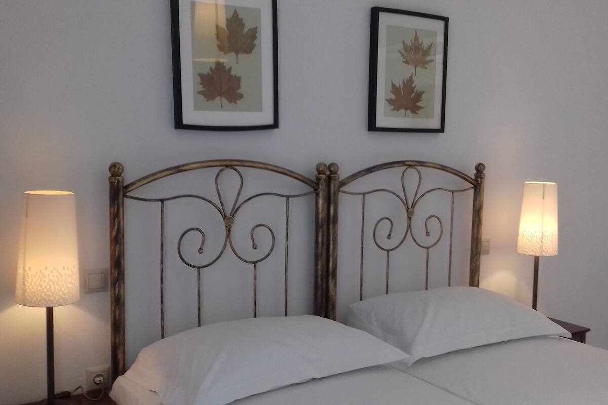 A bed with a metal headboard, two bedside lamps, and two framed leaf pictures on the wall.