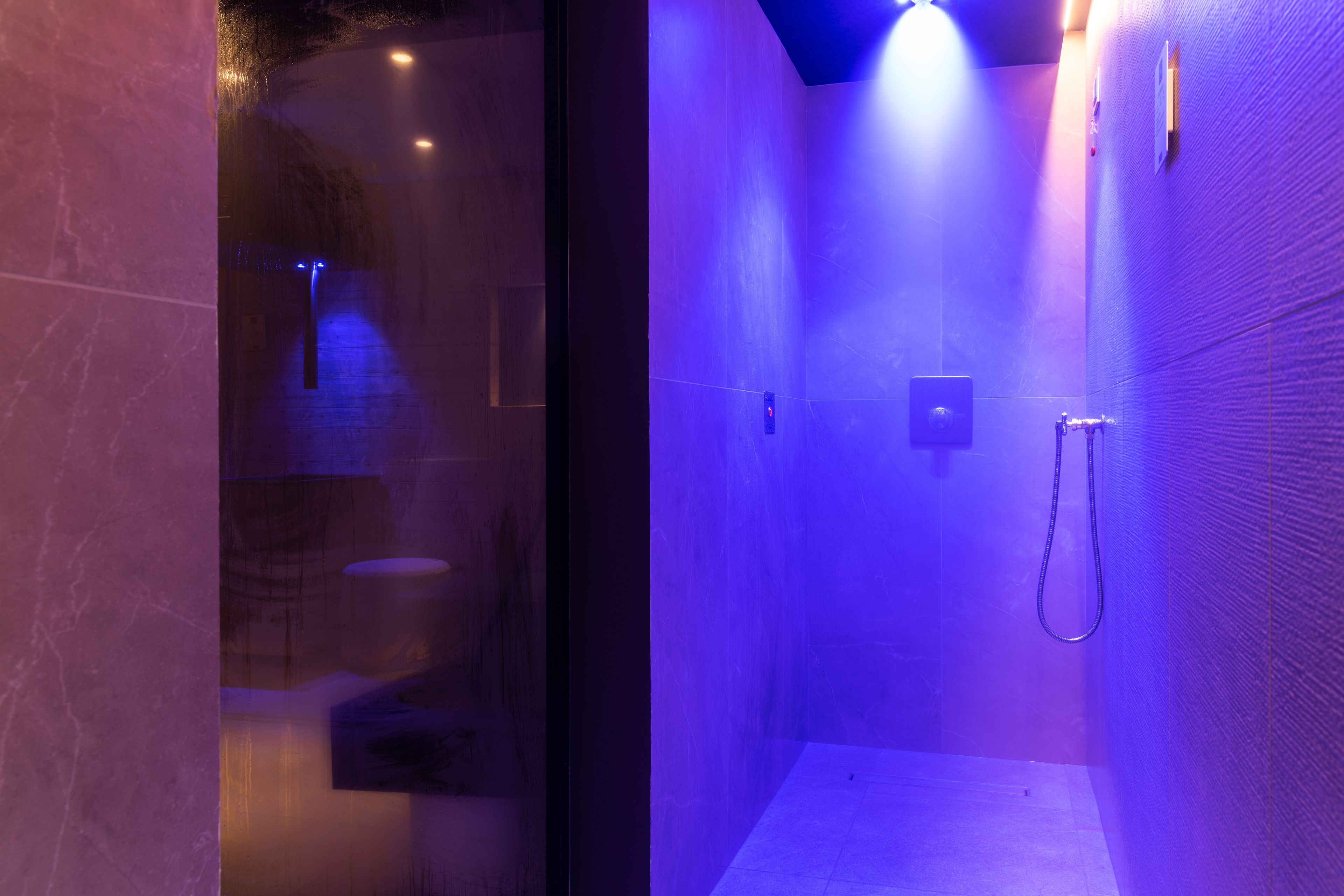 Une salle de bain moderne avec une paroi en verre, un espace douche doté d’un pommeau de douche à main et des toilettes visibles.