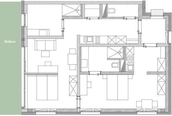 A floor plan of a hotel with multiple rooms, a balcony area, and a kitchen. - Hotel Vitus Steyr (Steyr)