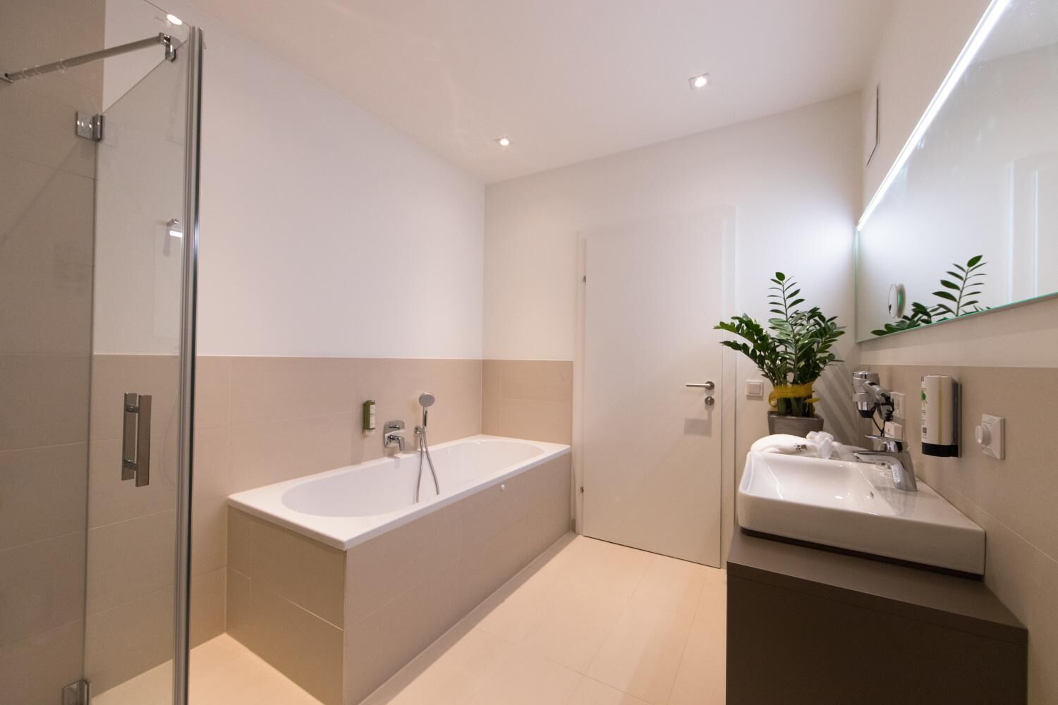 A modern bathroom with a glass shower enclosure, a freestanding bathtub, and a vanity with a mirror and plant.