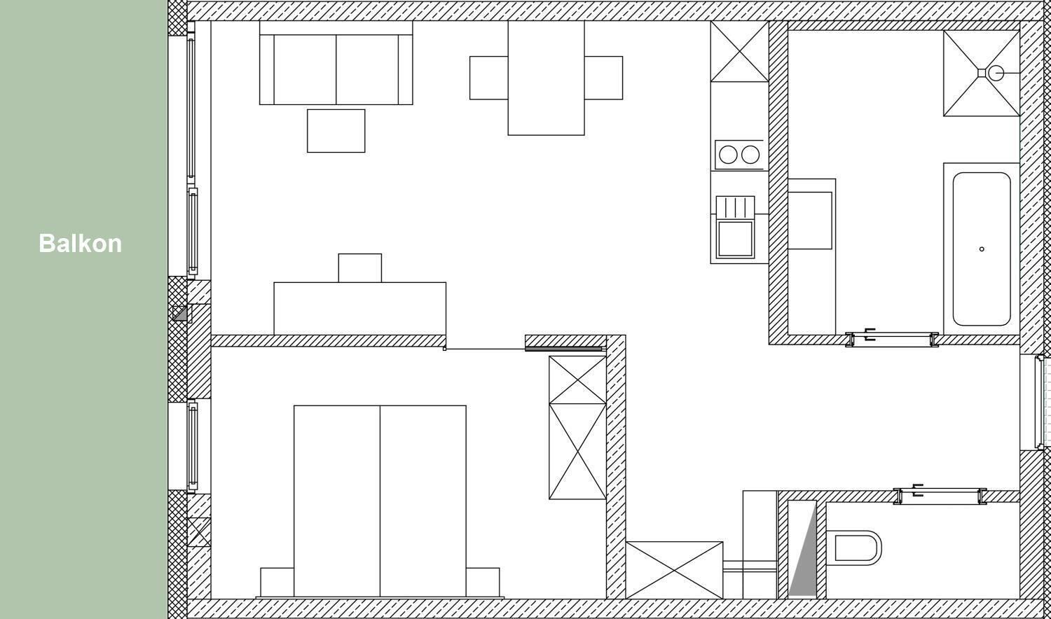 A floor plan of a building with a balcony area, a kitchen, a bathroom, and a living area.