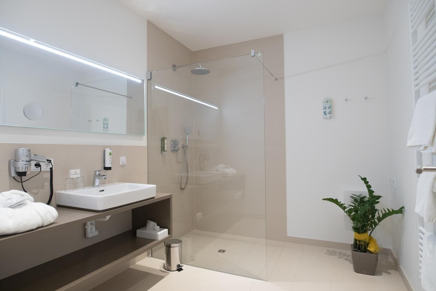 A modern bathroom with a glass-enclosed shower, a white sink, and a mirror above it. There is a small trash bin and a potted plant on the floor.