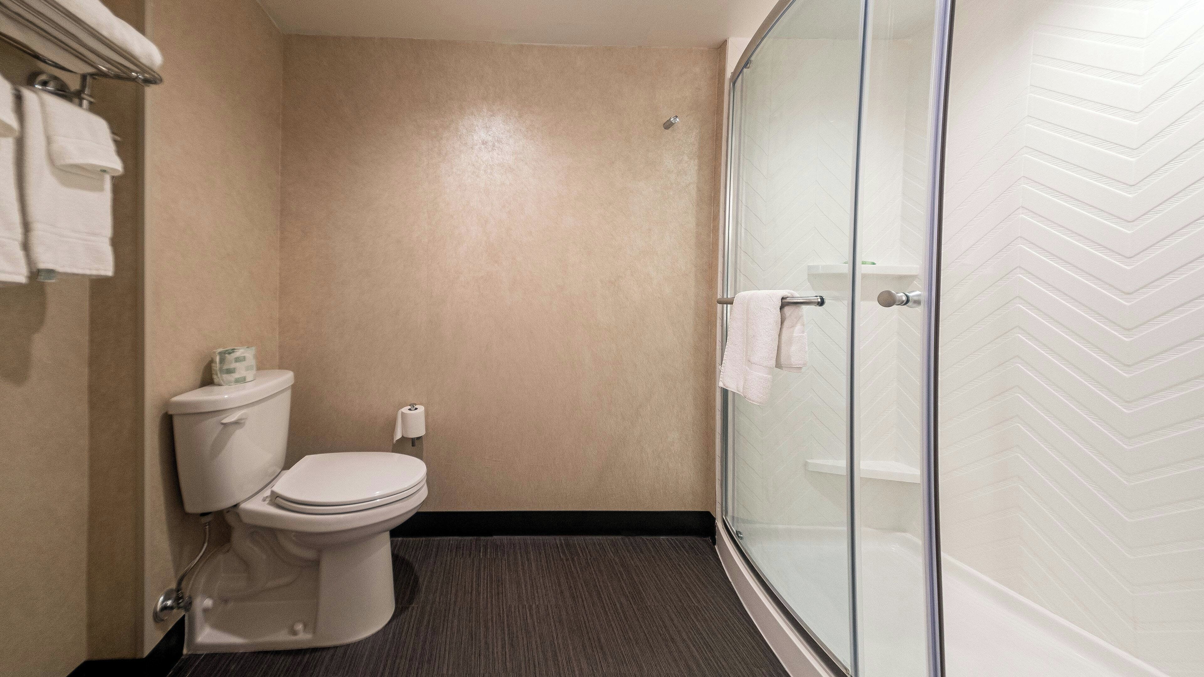 Un bagno con un WC, box doccia in vetro e porta asciugamani.