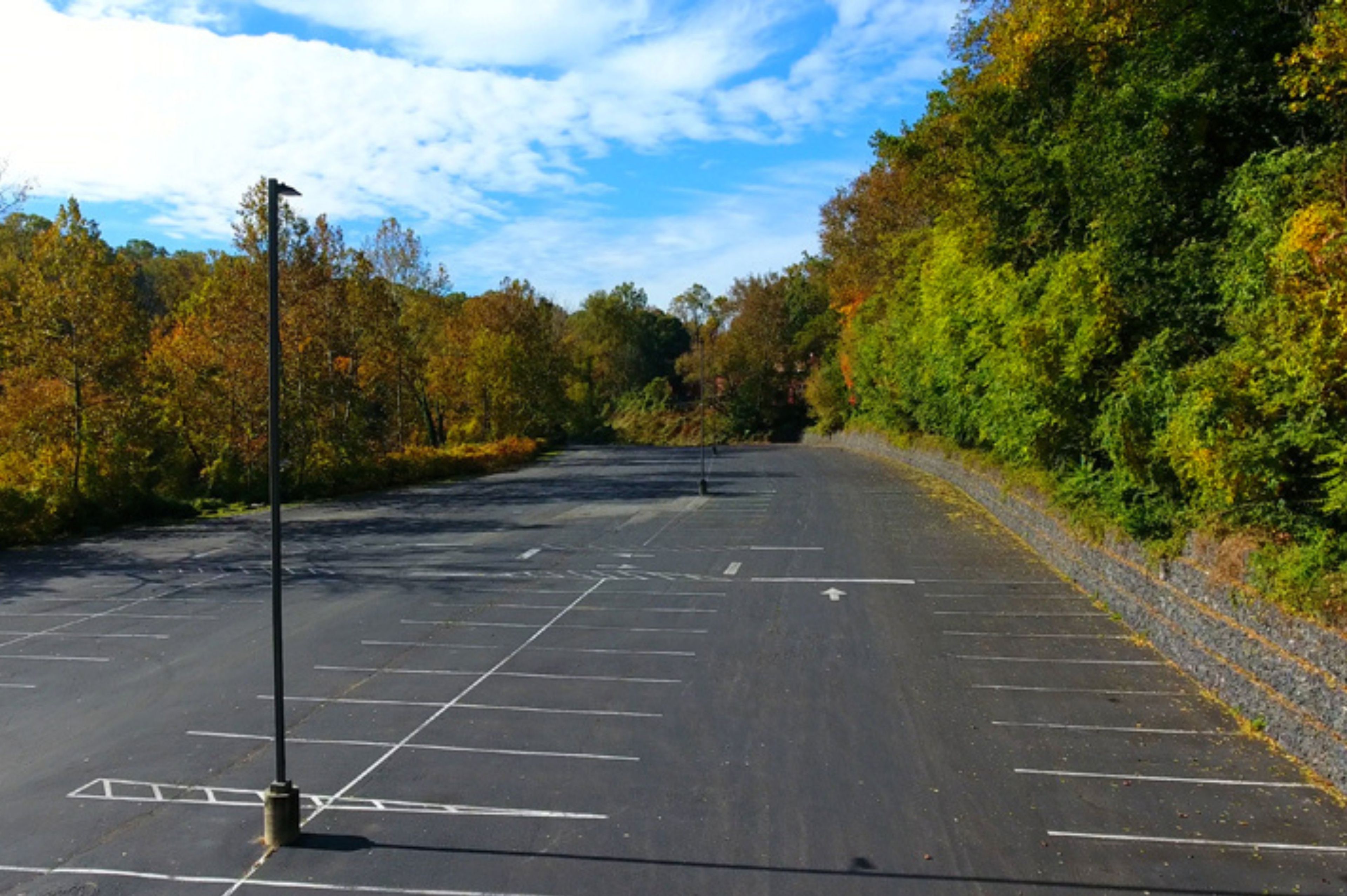Un parking avec des places délimitées et un lampadaire, entouré d’arbres aux feuilles d’automne.
