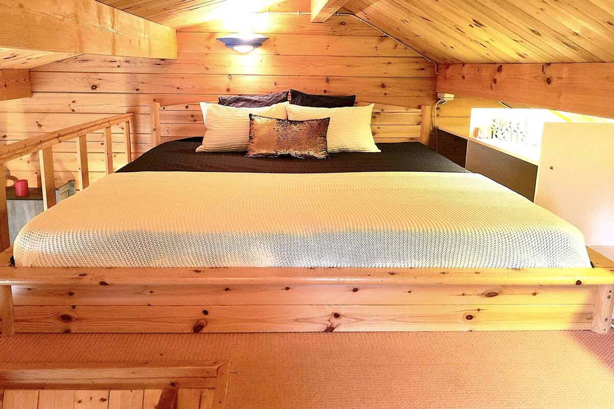 Dormitorio de cabaña de madera con cama, almohadas y mesita de noche.