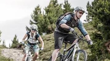 Twee fietsers op een pad, omringd door bomen.