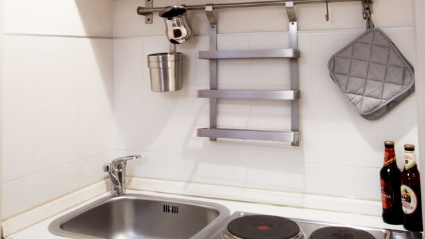 A modern kitchen with a stainless steel sink, double oven, and hanging utensils. - Spanish Steps Studio Apartment (Rome)