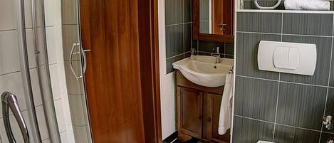 A bathroom with a glass shower enclosure, a wooden door, a sink with a mirror above it, a toilet, and a tiled floor.