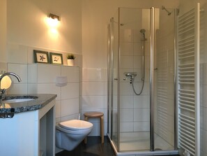 Ducha, bañera de hidromasaje, secador de pelo y toallas