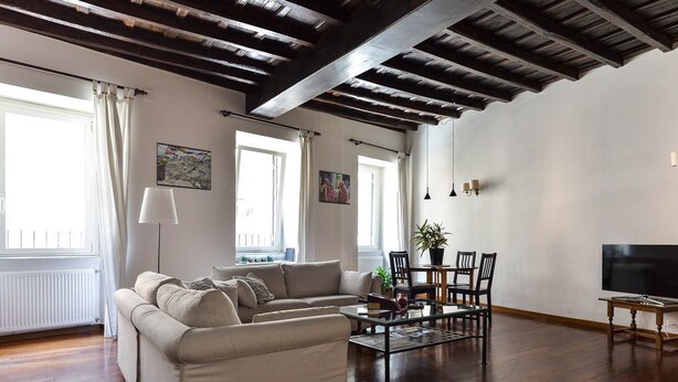 Una sala de estar con un sofá, una mesa de centro y un televisor. Hay ventanas con cortinas, un radiador y una planta.