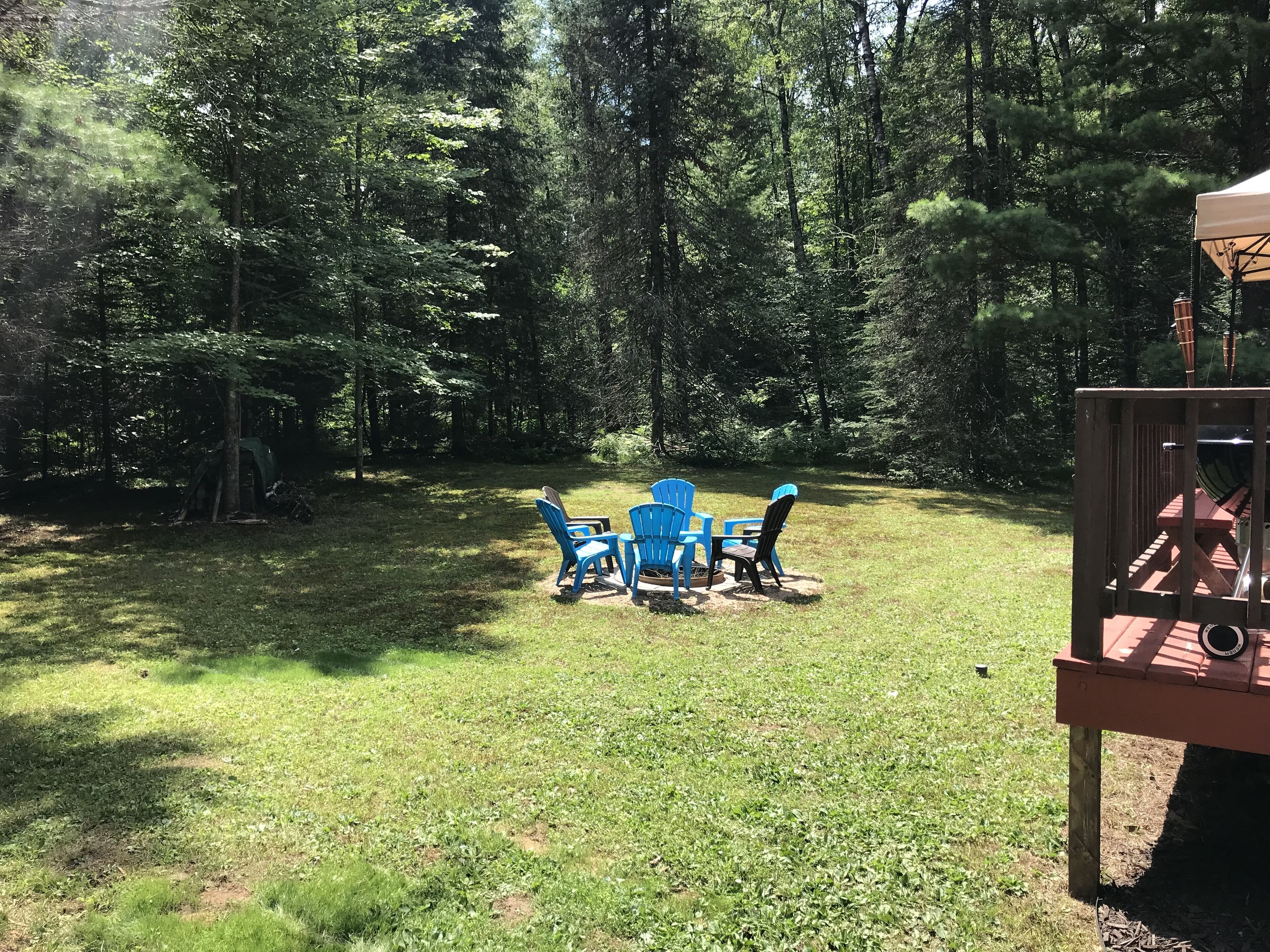 An outdoor seating area with blue chairs and a table, surrounded by a forested area.