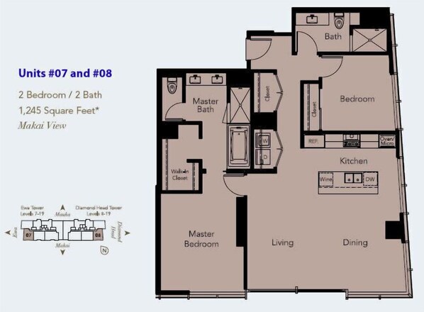 A floor plan of a 2-bedroom, 2-bathroom apartment with a master bedroom, master bathroom, living room, dining area, kitchen, and a balcony.