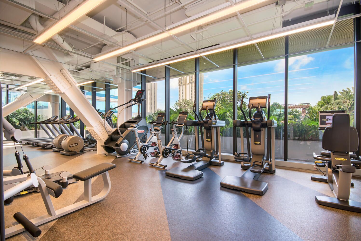 Ein modernes Fitnessstudio mit verschiedenen Cardiogeräten, Gewichtecken und einem großen Fenster mit Blick ins Freie.