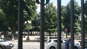 A street scene with parked cars, a pedestrian crossing, and trees. - Luxury Rose (Florence)