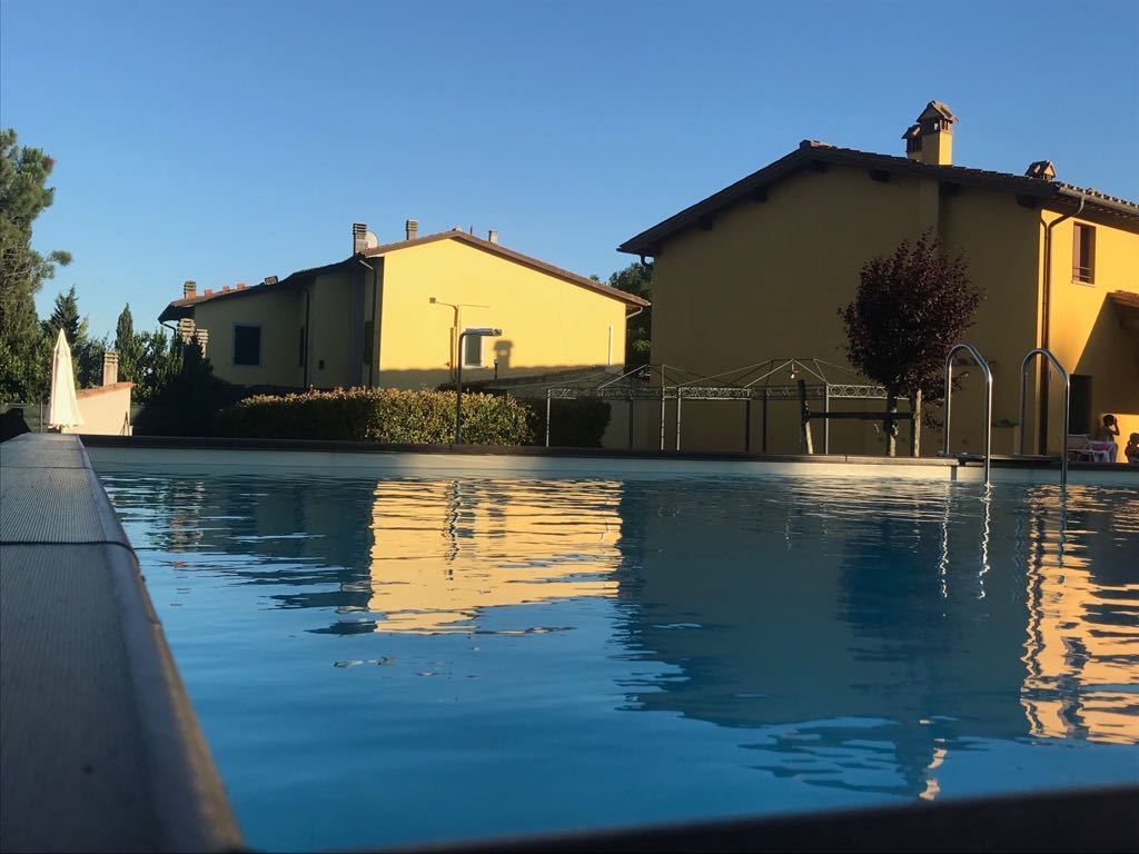 حمّام سباحة خارجي موسمي، مظلات على حمّام السباحة، مقاعد للتشمس