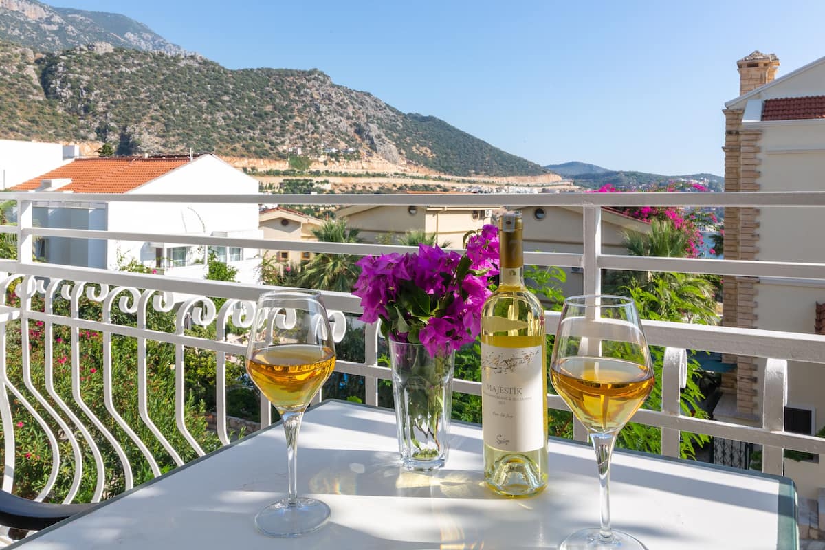 A balcony with a table, two wine glasses, a bottle of wine, and purple flowers.