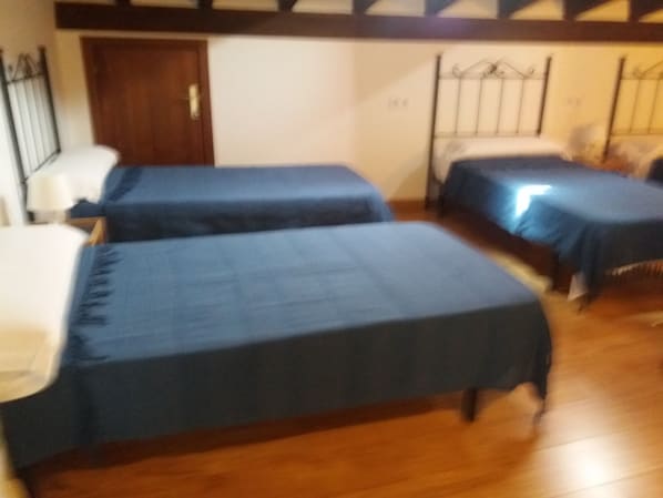 Una habitación con dos camas, suelo de madera y una puerta de madera.