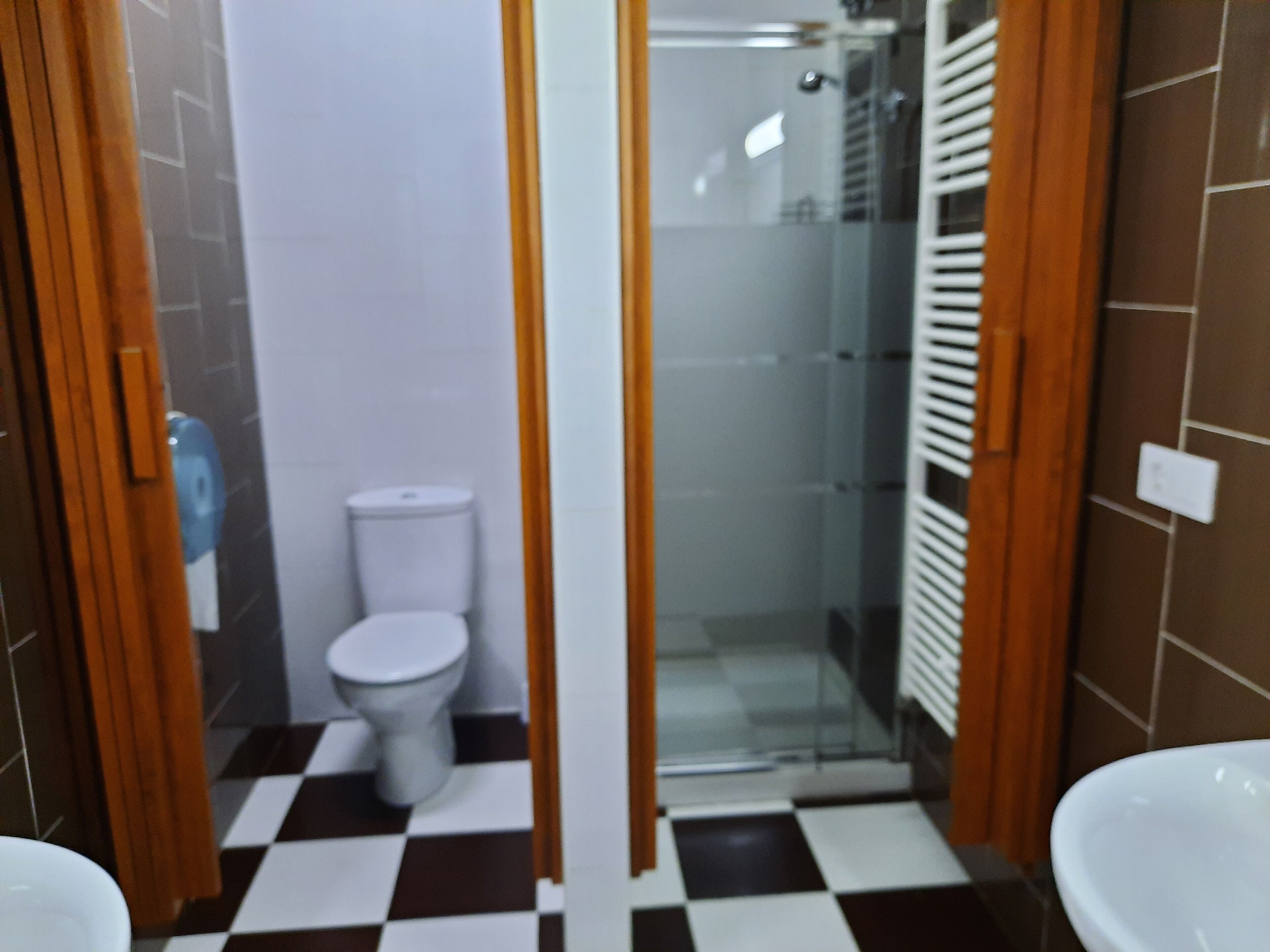 Ein Badezimmer mit Toilette, Duschbereich und Waschbecken.