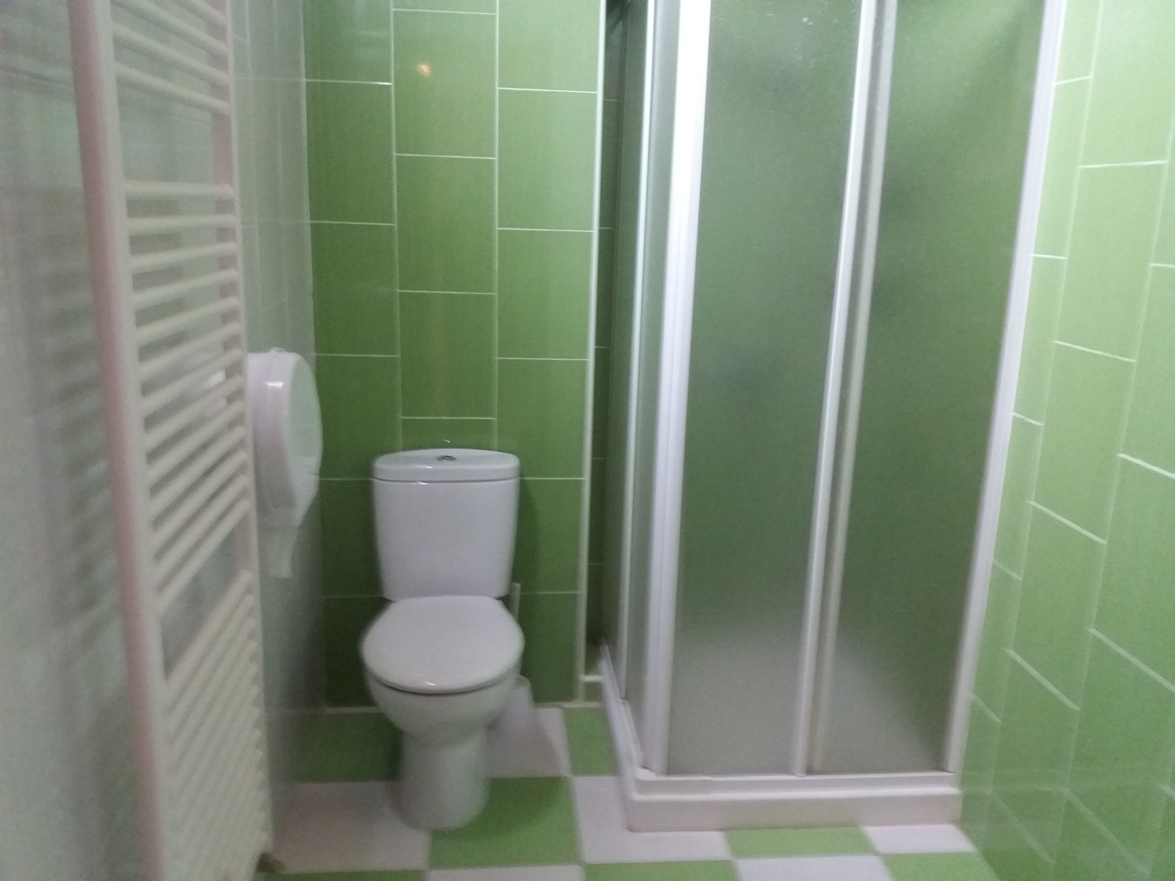 Un baño con inodoro, cabina de ducha y paredes con azulejos verdes.