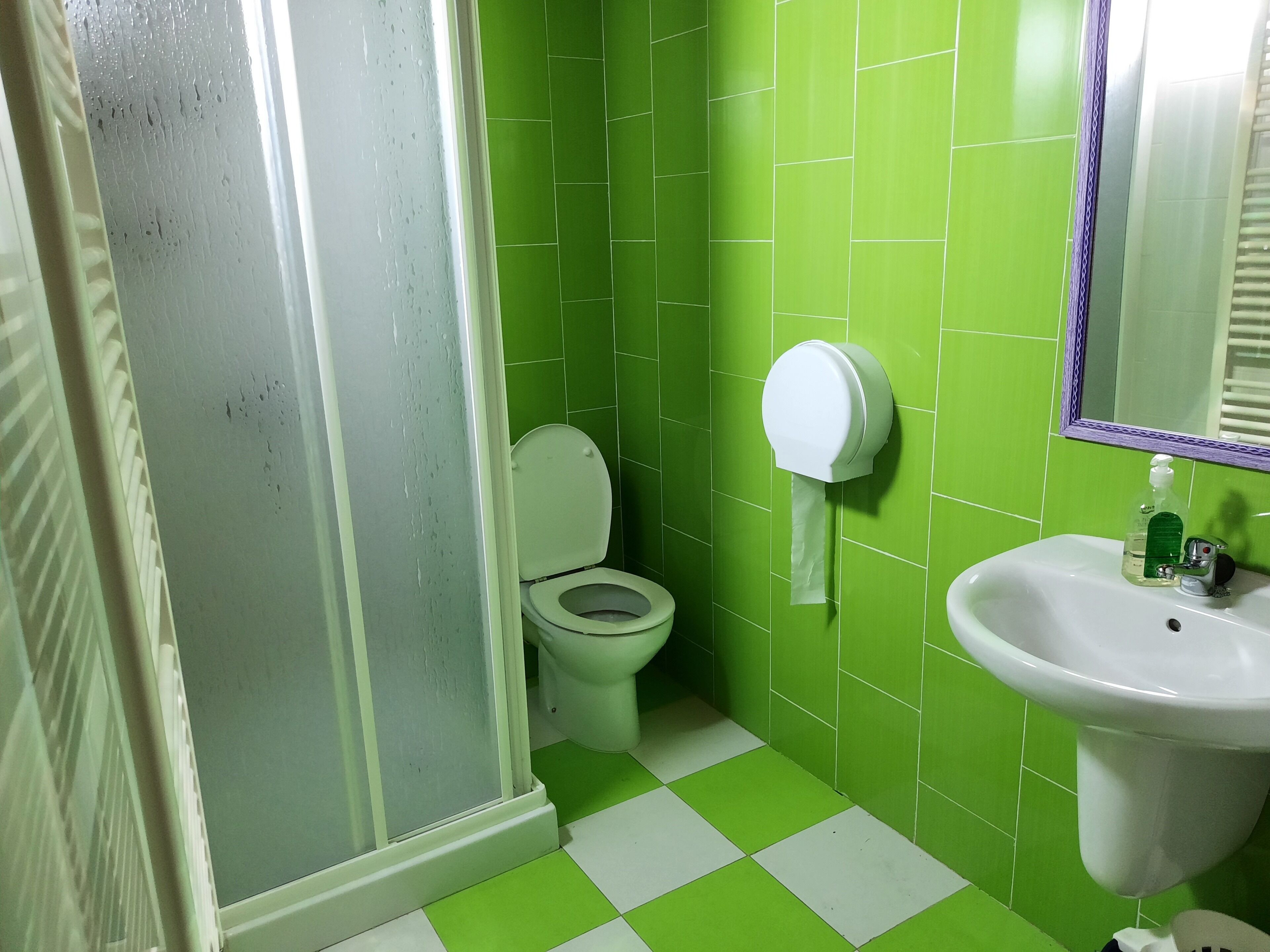 Un baño con azulejos verdes, un inodoro blanco, dispensador de toallas de papel y un lavamanos con espejo.