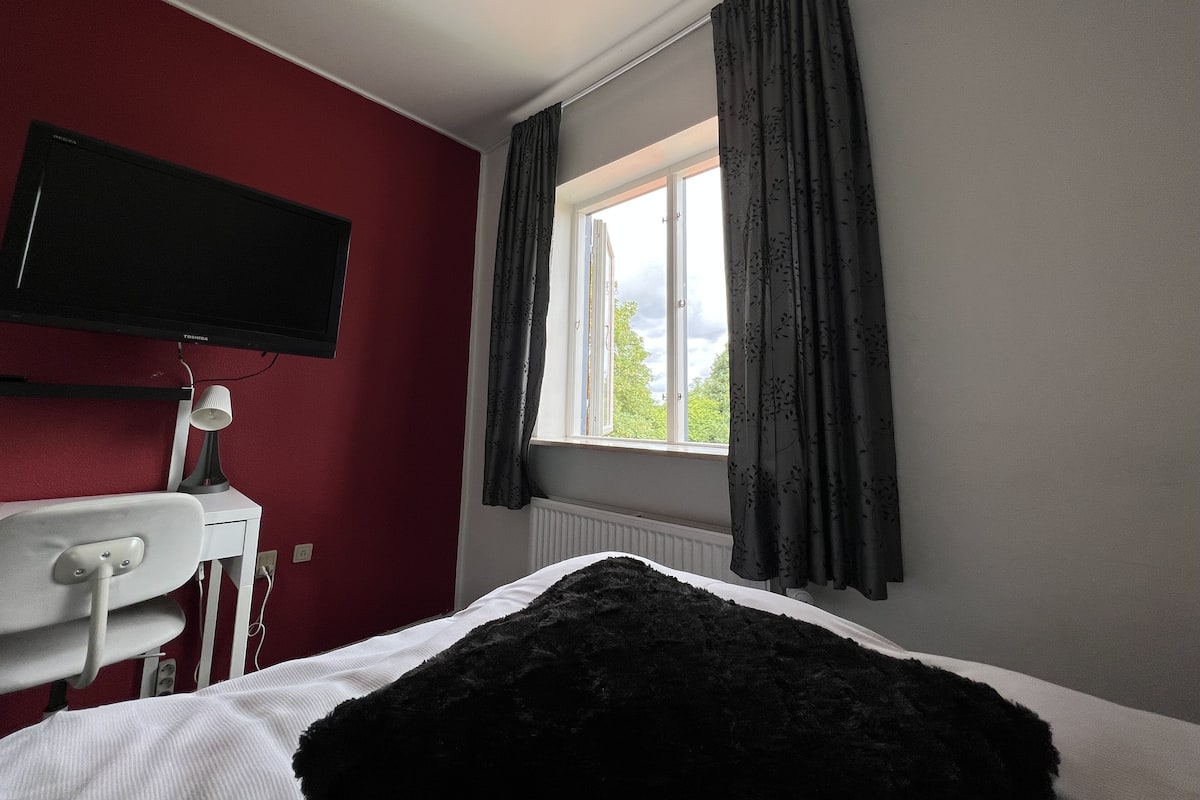 Une chambre avec un lit, un téléviseur fixé au mur, une fenêtre avec des rideaux et un radiateur.