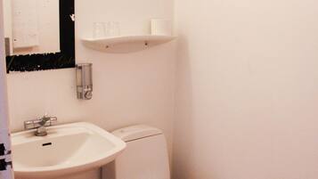 A small, clean bathroom with a sink, toilet, and a mirror.