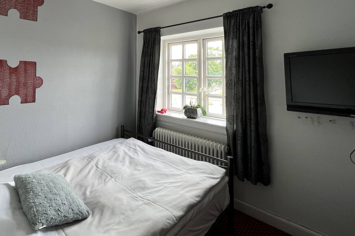 Une chambre à coucher avec un lit, une fenêtre avec des rideaux, un radiateur et un téléviseur fixé au mur.