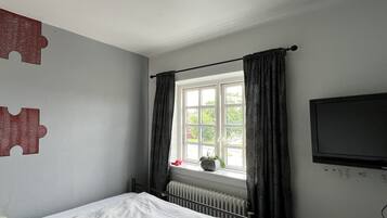 Une chambre à coucher avec un lit, une fenêtre avec des rideaux, un radiateur et un téléviseur fixé au mur.