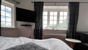 Una habitación de hotel con cama, televisor montado en la pared, radiador, una mesita y un sofá.