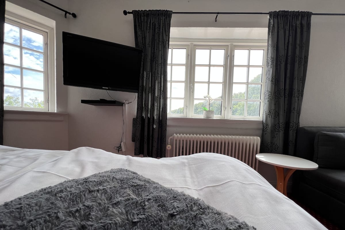 Une chambre d’hôtel avec un lit, un téléviseur fixé au mur, un radiateur, une petite table et un canapé.