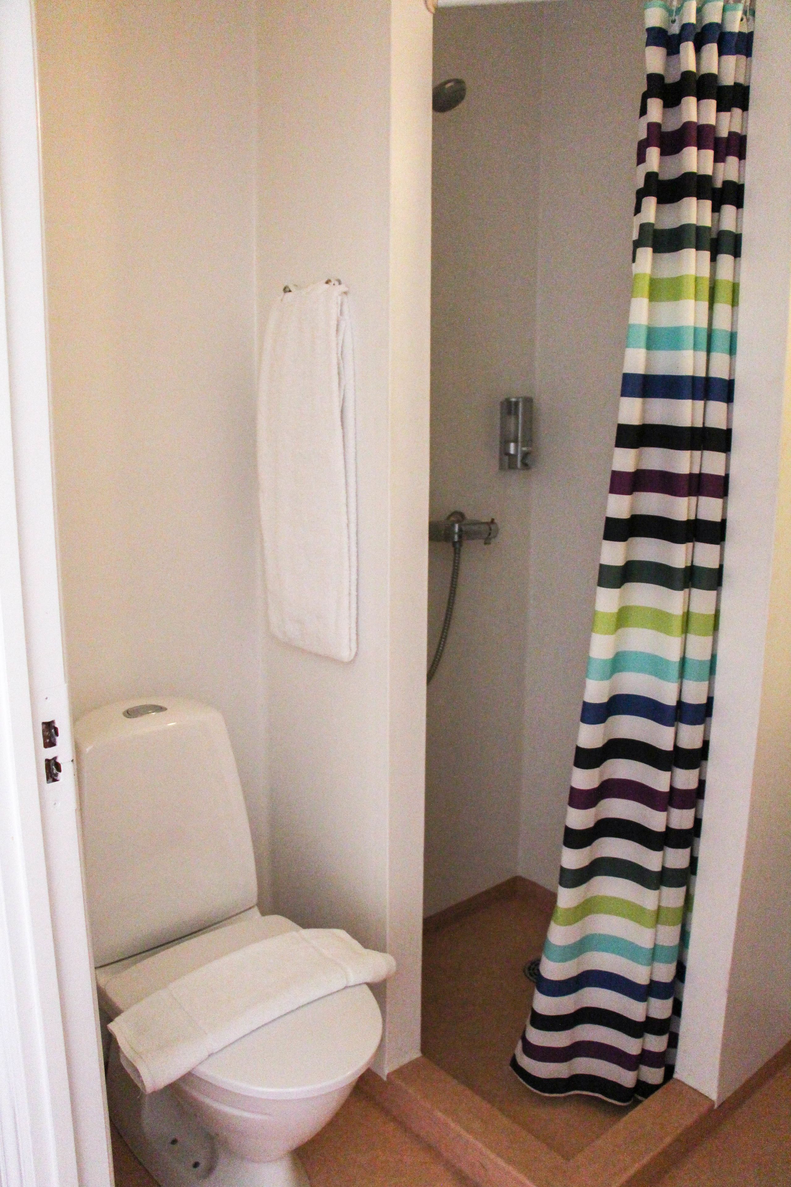 Une petite salle de bain avec des toilettes, une douche et un rideau de douche à rayures.