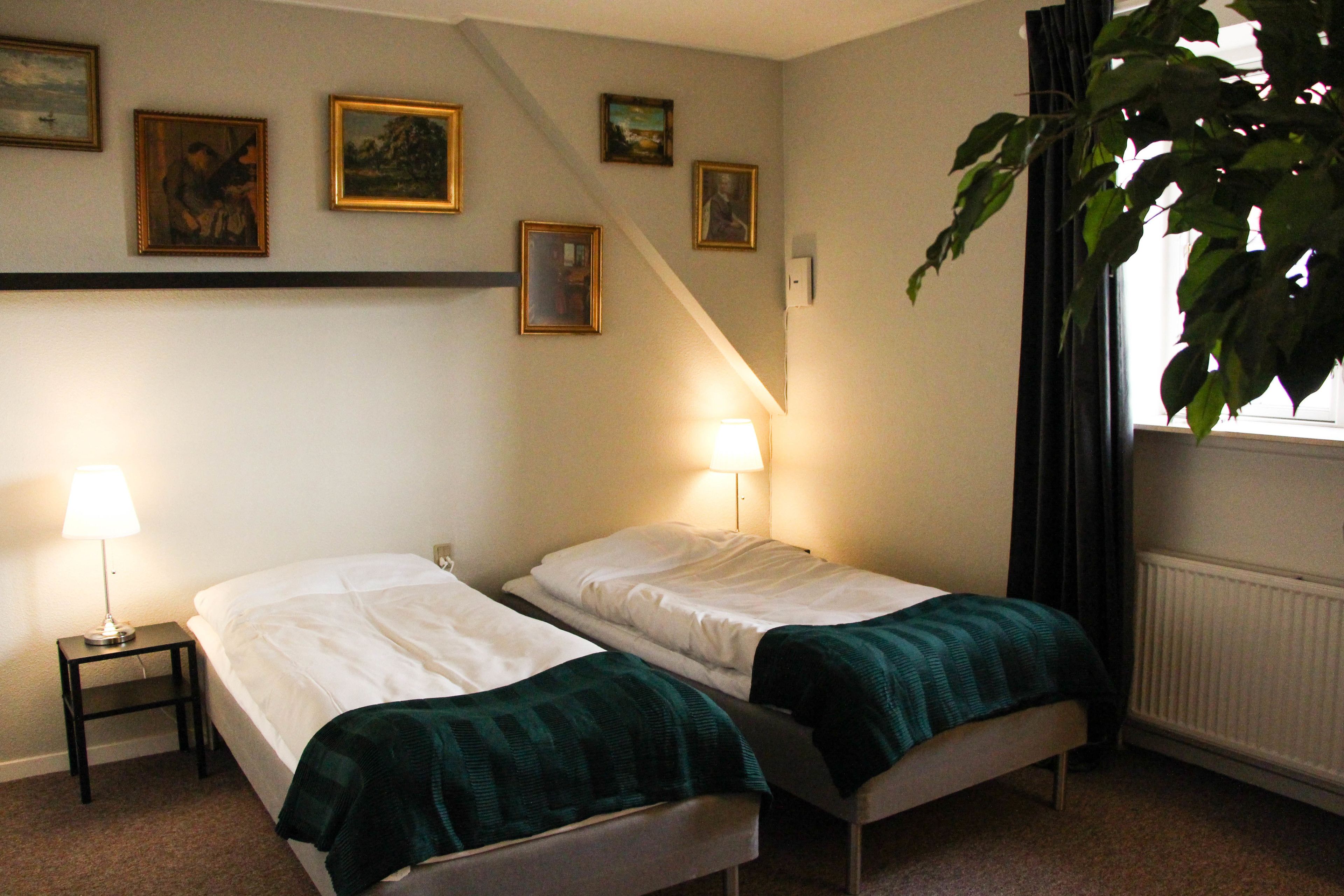 Ein Zimmer mit zwei Einzelbetten, einem kleinen Tisch, einer Lampe und einer Pflanze.