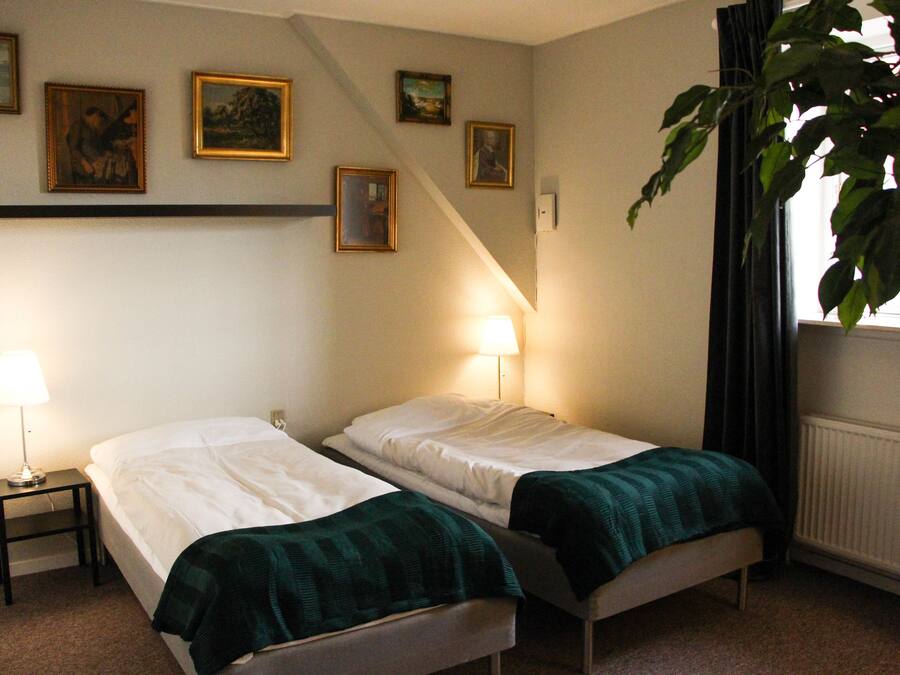 Ein Zimmer mit zwei Einzelbetten, einem kleinen Tisch, einer Lampe und einer Pflanze.