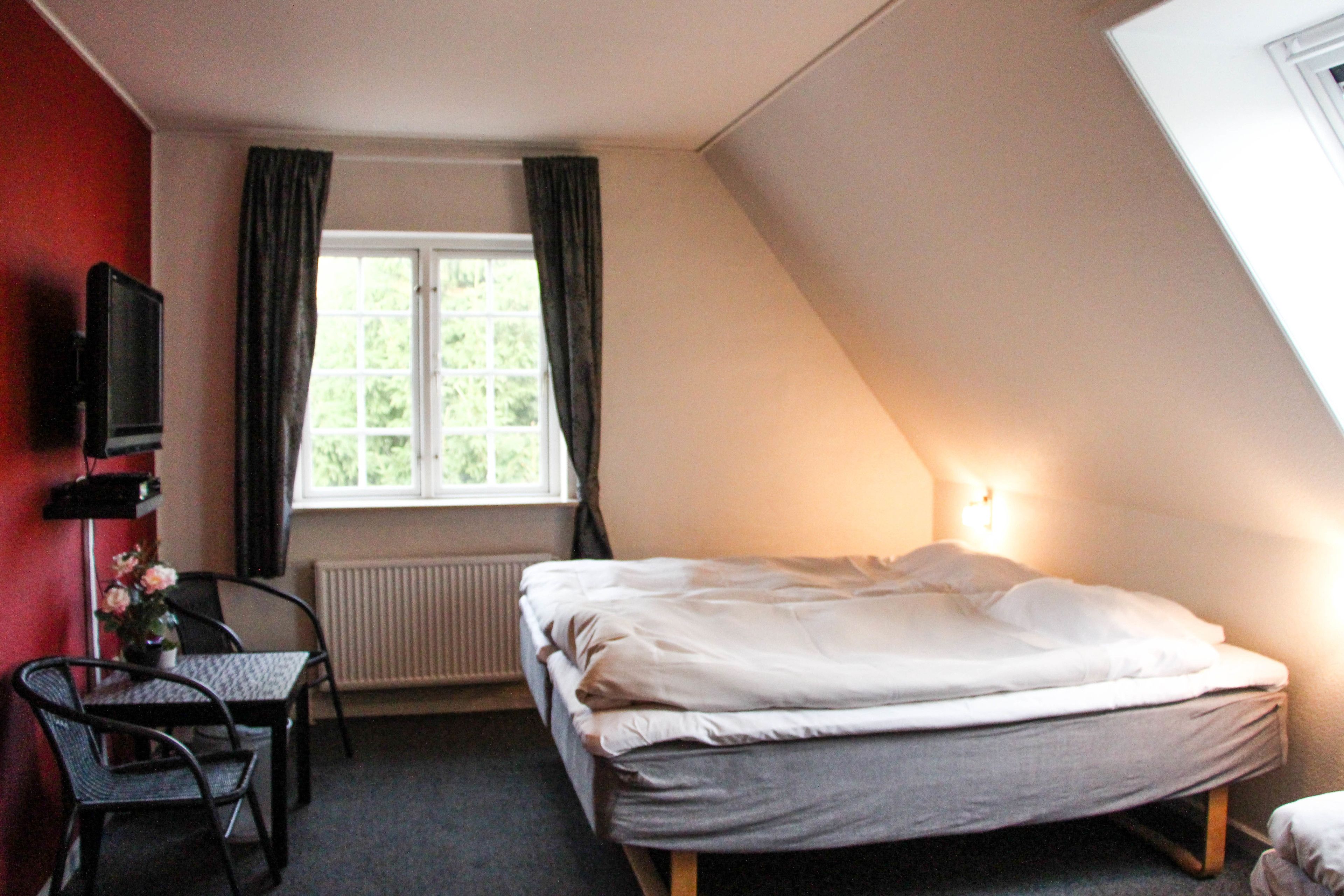 A room with a bed, a table with chairs, a TV, and a window with curtains.
