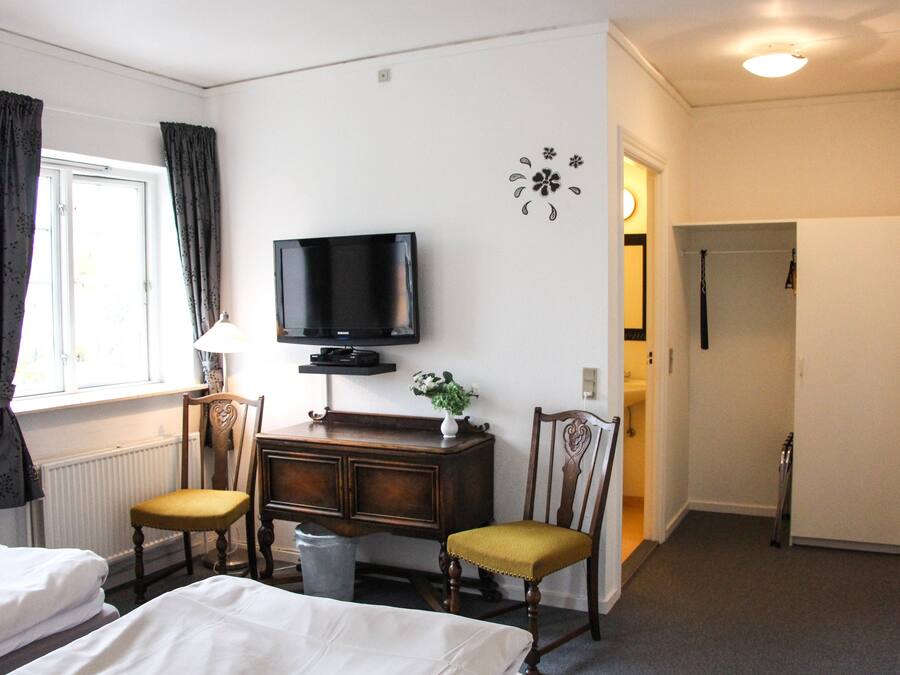 Habitación de hotel con dos camas, un televisor, un escritorio con una planta y una silla.