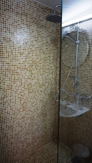 Zona de ducha con mampara de vidrio, paredes de azulejos y cabezal de ducha manual.