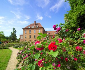A large brick building with multiple windows and a red-tiled roof, surrounded by lush greenery and blooming pink roses. - Gutshaus Gottin (Warnkenhagen)