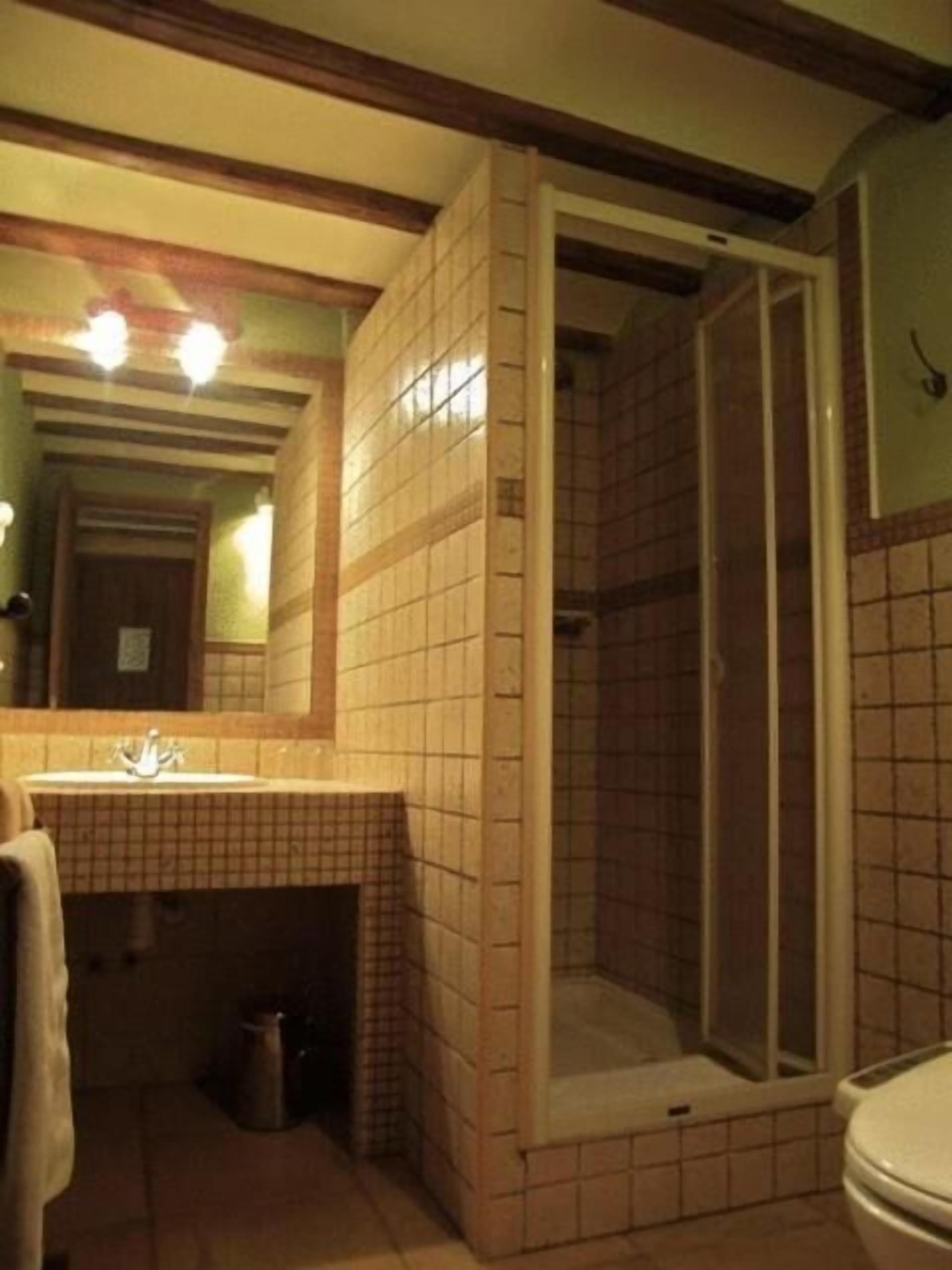 Et badeværelse med bruser, vask og toilet.