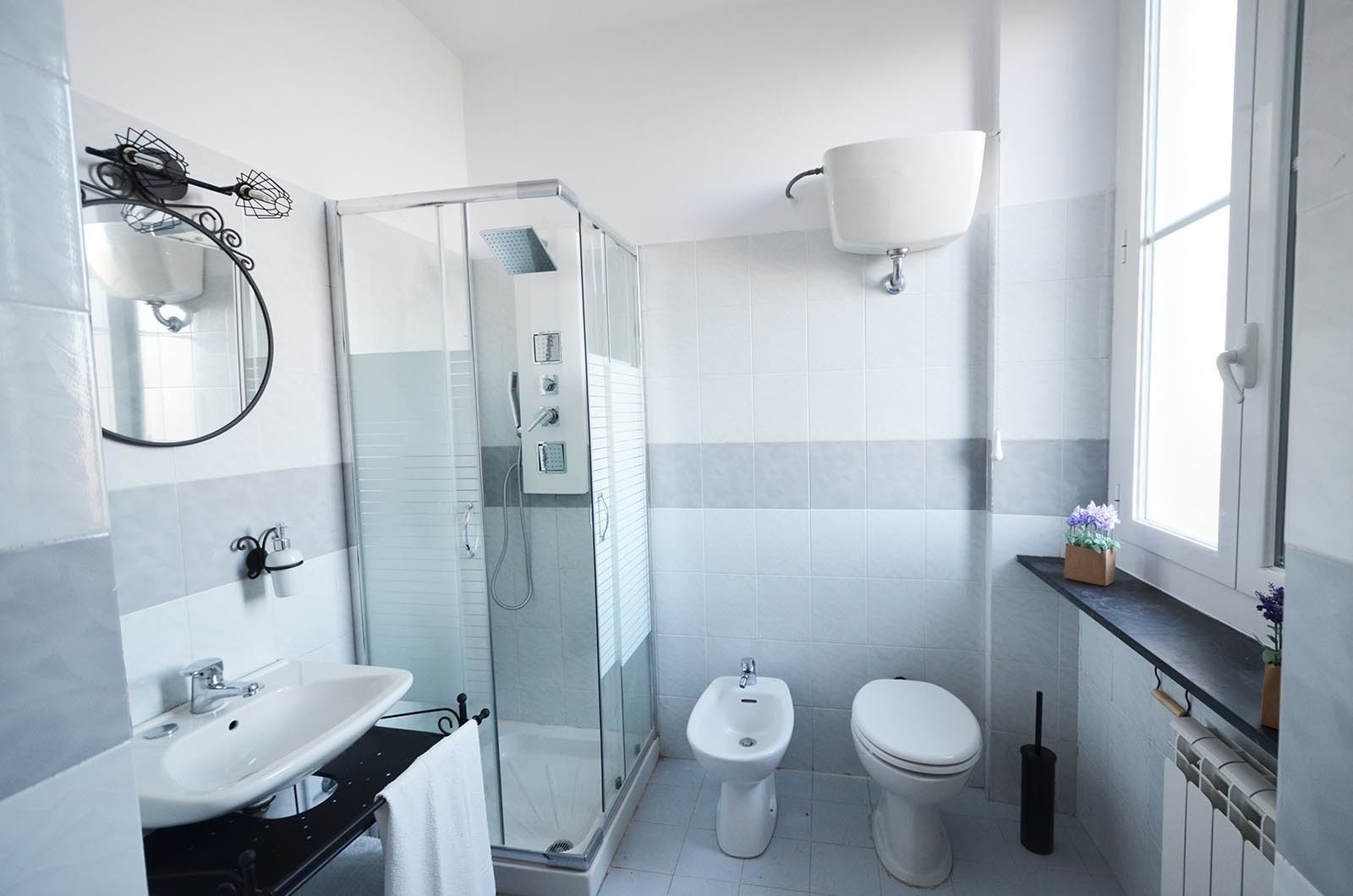 double or twin room | bathroom | shower, hydromassage showerhead, hair dryer, towels