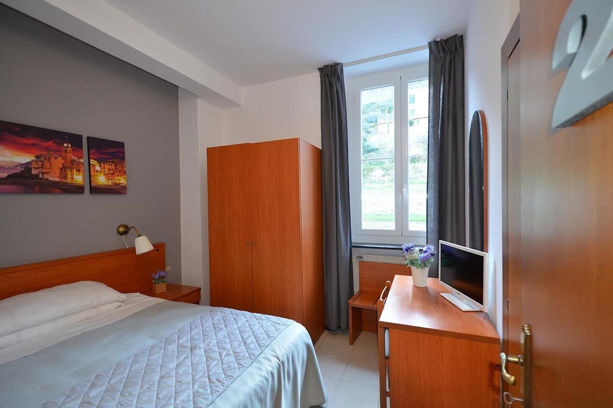 A hotel room with a bed, a desk, a wardrobe, and a window with curtains.
