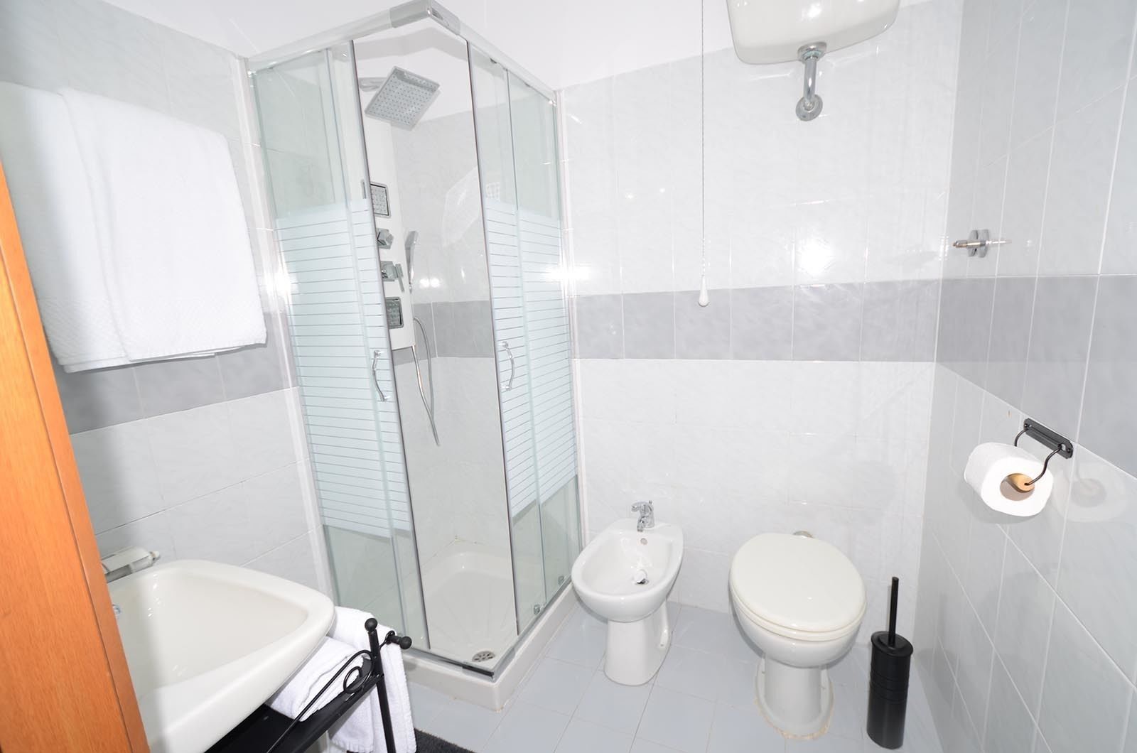 family room | bathroom | shower, hydromassage showerhead, hair dryer, towels