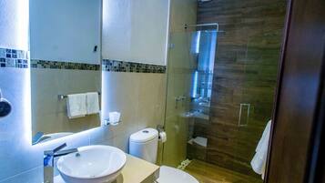 Shower, free toiletries, hair dryer