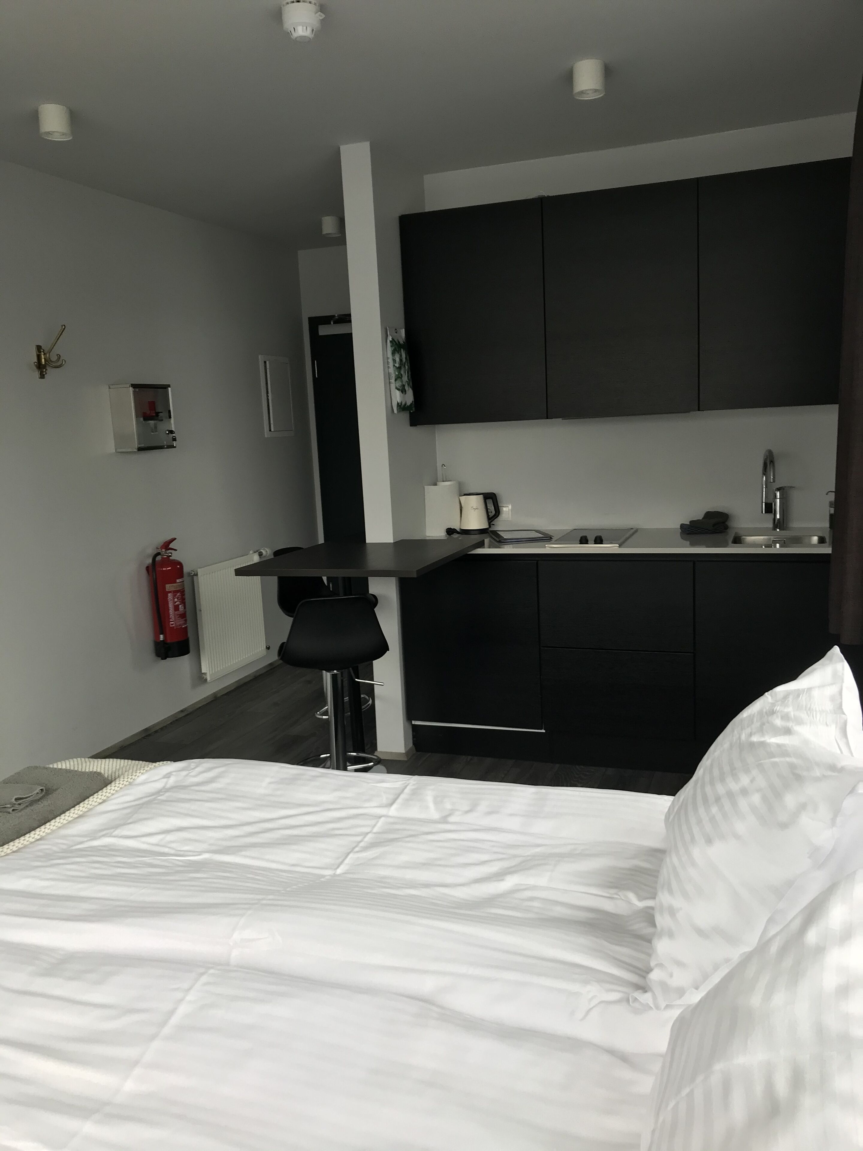 Ein modernes Hotelzimmer mit Bett, einer kleinen Küchenzeile und einem Badezimmer.