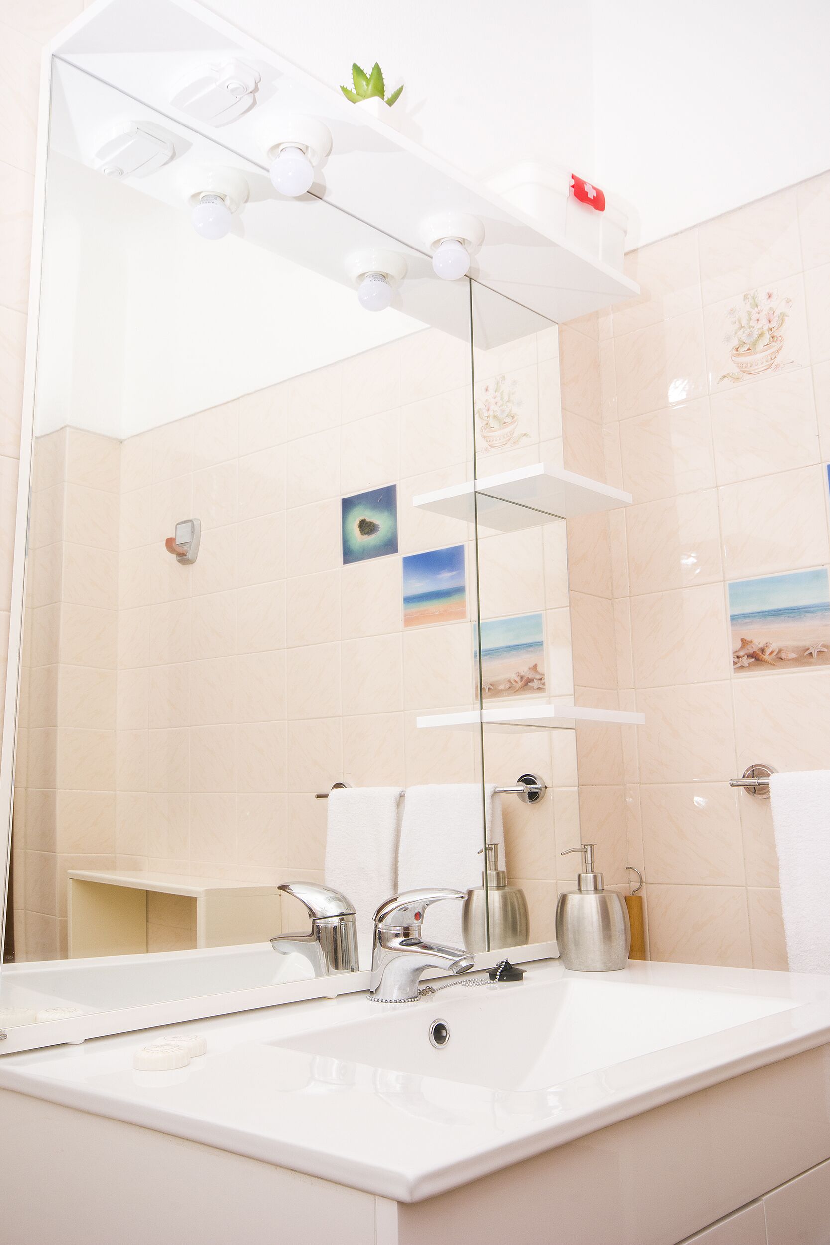 A bathroom with a large mirror, a white sink, a faucet, and a shelf with a plant and a soap dispenser.